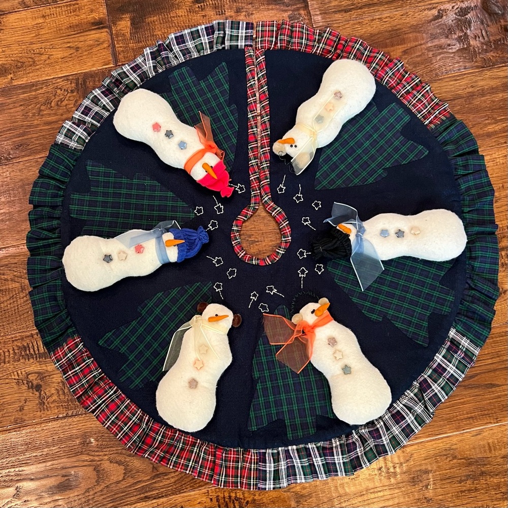 Hand Crafted 3-D Snowman Tree Skirt with Plaid Accents
